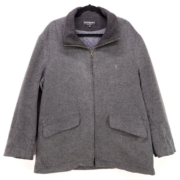 Yves Saint Laurent Wool Jacket Mens Size 54 Gray Full Zip Coat Mock Neck Pockets - Picture 2 of 12